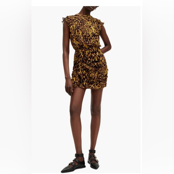 All Saints Hali Pleated Leopard Notes Yellow Multi Mini Dress Size 8 NWT - Picture 2 of 16